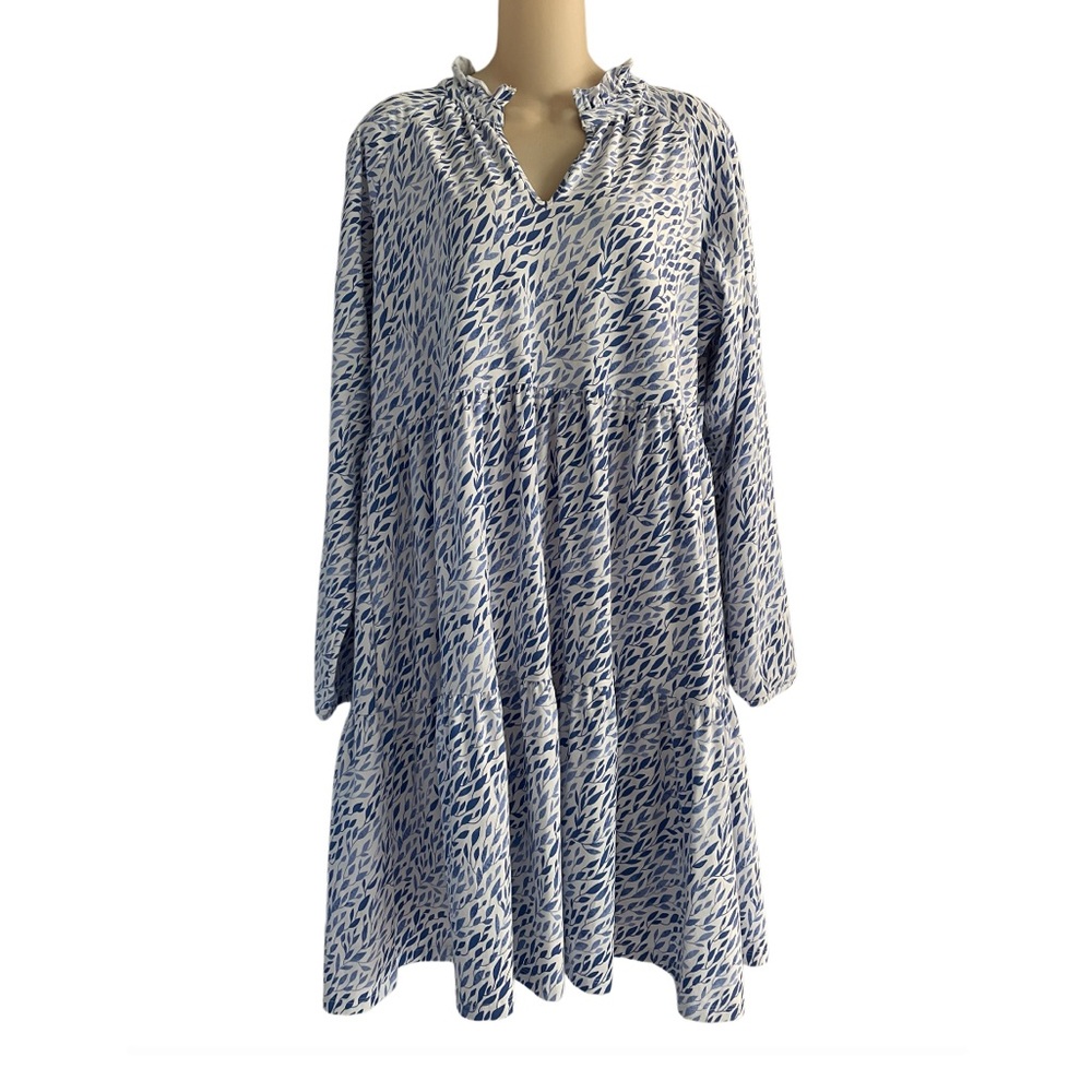Duffield Lane Blue Floral Long Sleeve Tiered Dress Knee Length Size Large